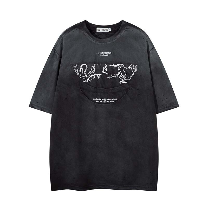 2025 New Summer Style American Retro Letter Print Patch Washed Short-Sleeved T-Shirt Men's Trendy Brand Loose Top