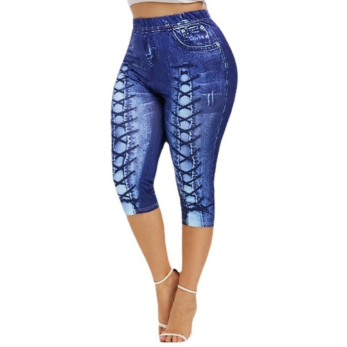 Printed Summer High-Waisted Denim-Like Leggings for Fitness and Yoga, 7/8 Length, XY750