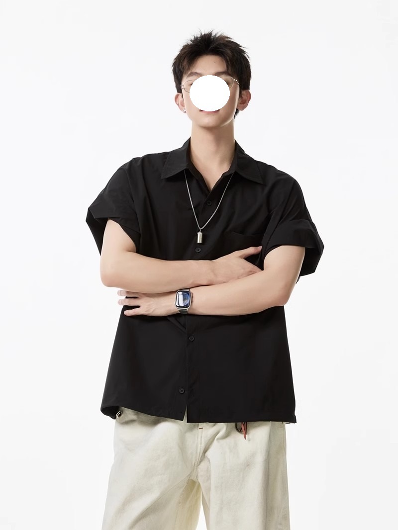 Khaki Tooling Shirt Short-sleeved Men's Summer American Simple Loose Lapel Shirt Drawstring Design Couple Inch Clothes Tide_viptrois.com