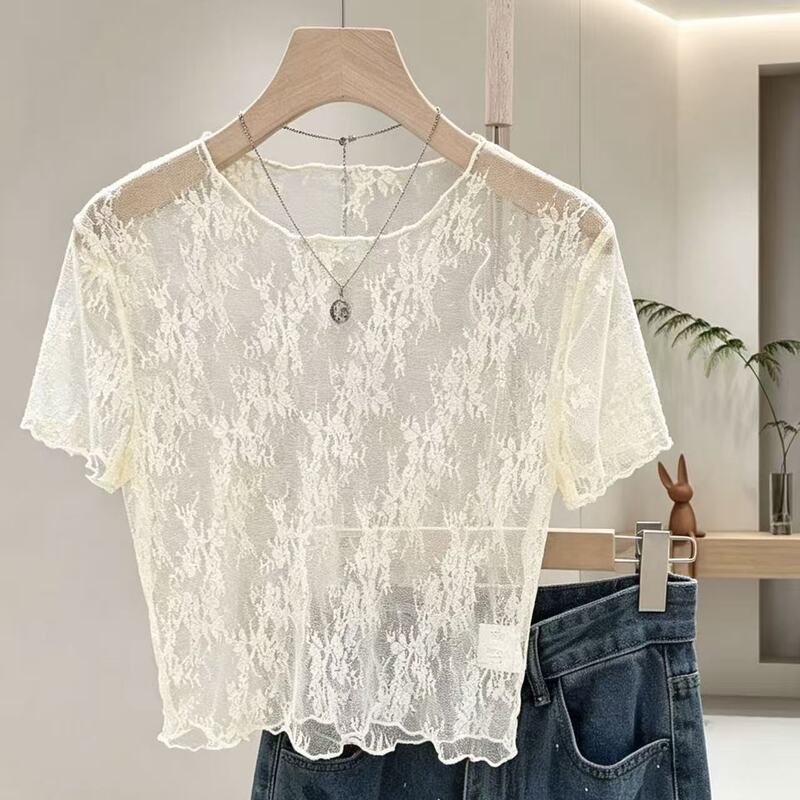 Apricot-colored short lace sleeveless top for women, a lightweight summer sun-protective mesh blouse, perfect for layering under a slip dress Apricot-colored short lace sleeveless top for women, a lightweight summer sun-protective mesh blouse, perfect for layering under a slip dress