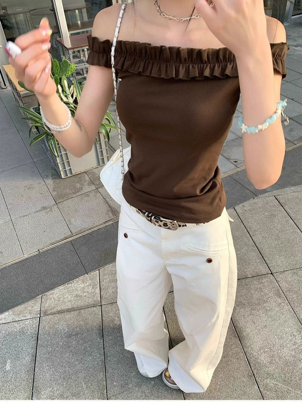 スイートスタイルイヤリングワンショルダーオレンジ半袖Tシャツレディース夏シックなスリムフィットホットガールショートトップ|undefined