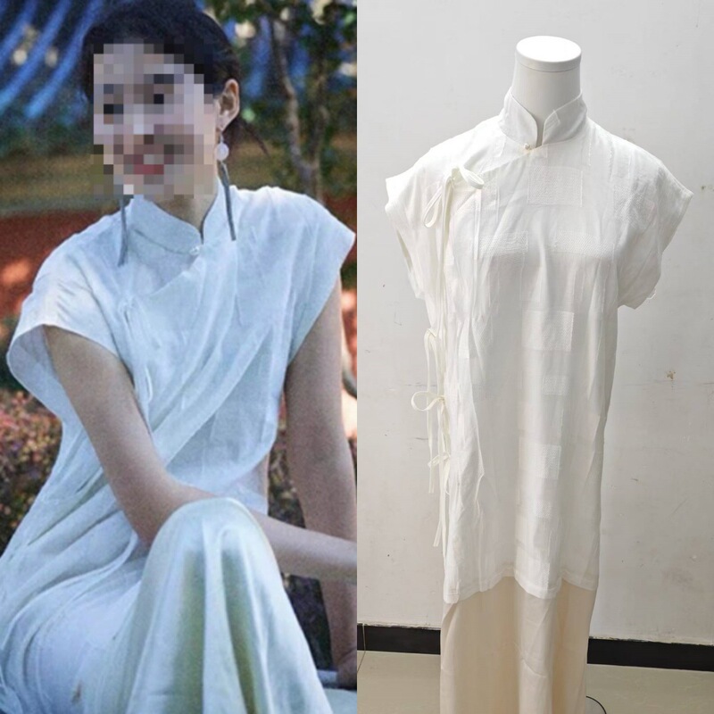 Long-Term Spot 2025 Xia Lu Yuxiao's Same Style White Stand-Up Collar Slanted Lapel New Chinoiserie Dress Improved Cheongsam Dress