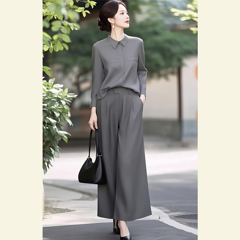 Spring wear a set of light luxury high sense capable temperament aura strong gray shirt suit suit pants women Spring wear a set of light luxury high sense capable temperament aura strong gray shirt suit suit pants women