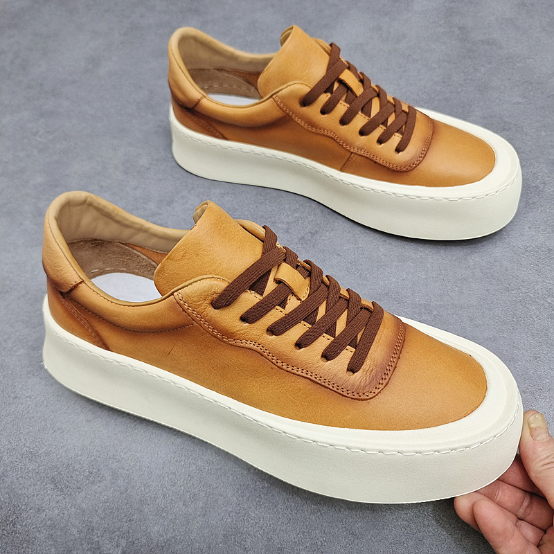 Boys' first-layer cowhide leather board shoes men's trendy shoes men's European station shoes men's casual shoes genuine leather thick-soled biscuit shoes for men