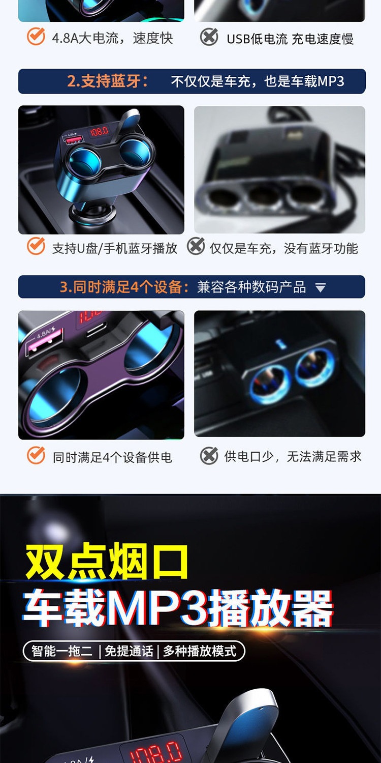 Suitable for car chargers, Bluetooth MP3 players, multifunctional dual-port USB flash drive fast charger, car cigarette lighter adapter