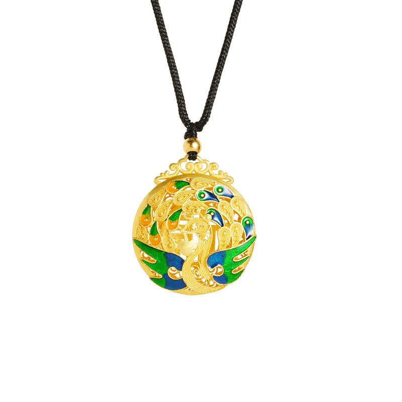 Vietnam oro retro ardiente azul goteo de aceite collar pavón peacock no se desvanecerá en forma de Fu hueco colgante de color redondo fuente