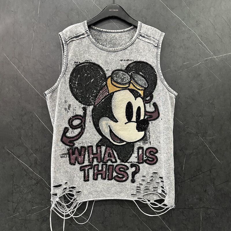 European Goods 1.0-150kg Plus Size Fat mm Heavy Industry Sequin Hole Cartoon Sleeveless T-Shirt Loose Versatile Vest Women's Top