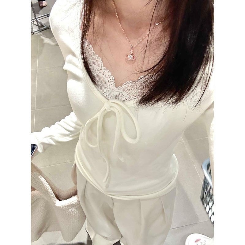 【40支酷丝绵1×1】韩系绑带蕾丝花边v领内搭秋冬单穿设计t恤上衣