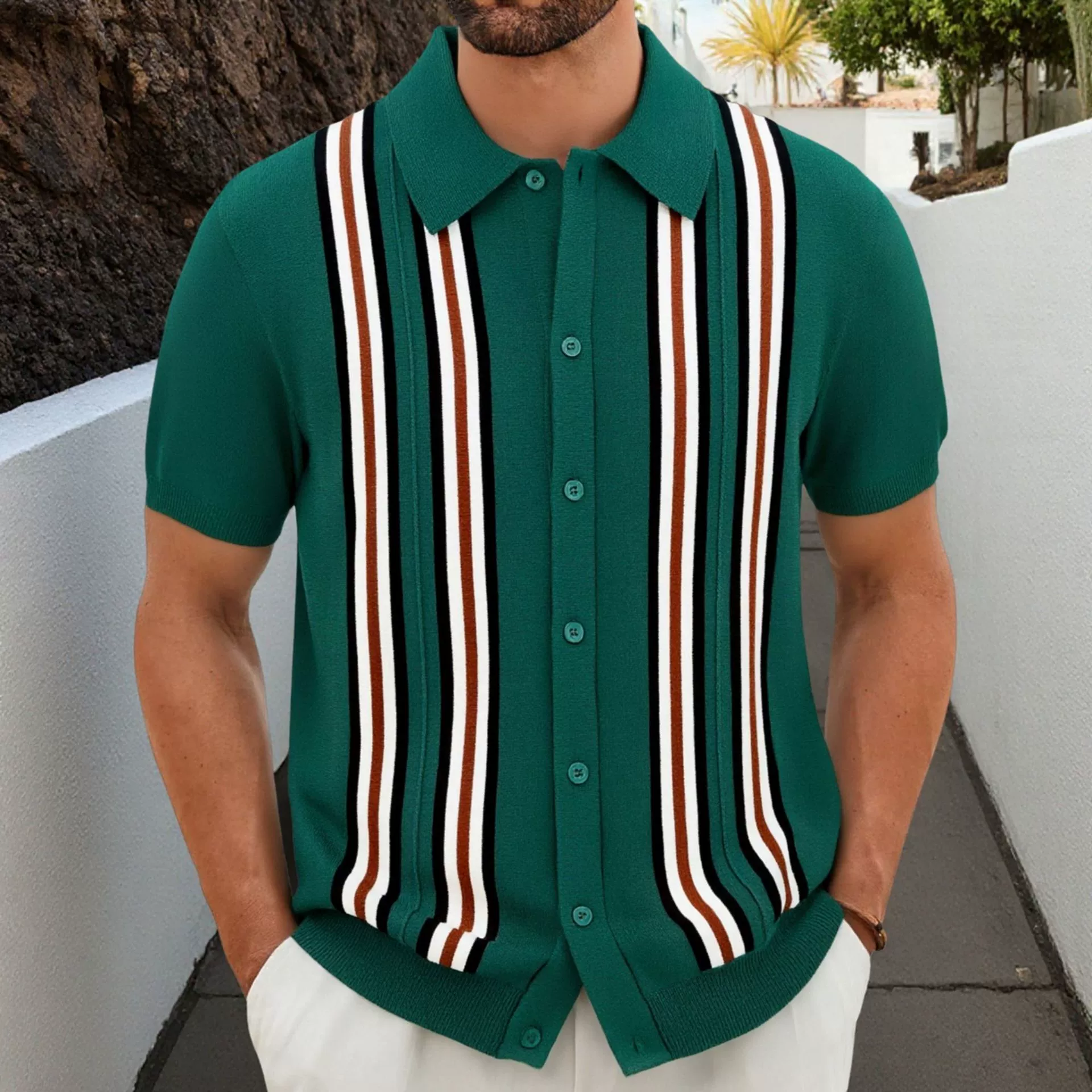 Amazon Foreign Trade мужская одежда летняя зеленая полосатая с короткими рукавами облегающая деловая рубашка-поло трикотаж модный SY0113