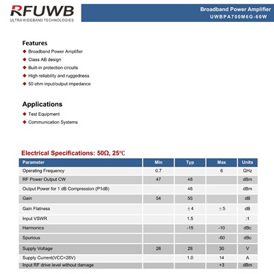 0,7 ГГц-6 ГГц 60 Вт Радиочастотный усилитель мощности RF усилитель RFUWB