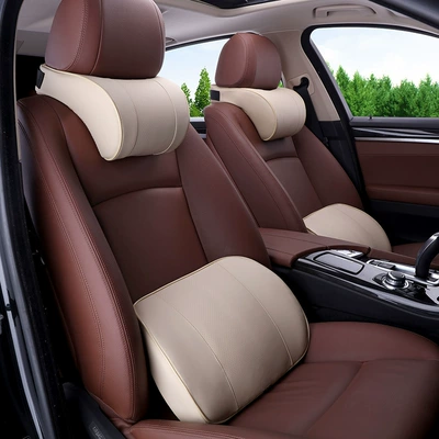 pillow car headrest supplies leather: Headrest - breathable-cow-headrest-suit-beige-set-standard