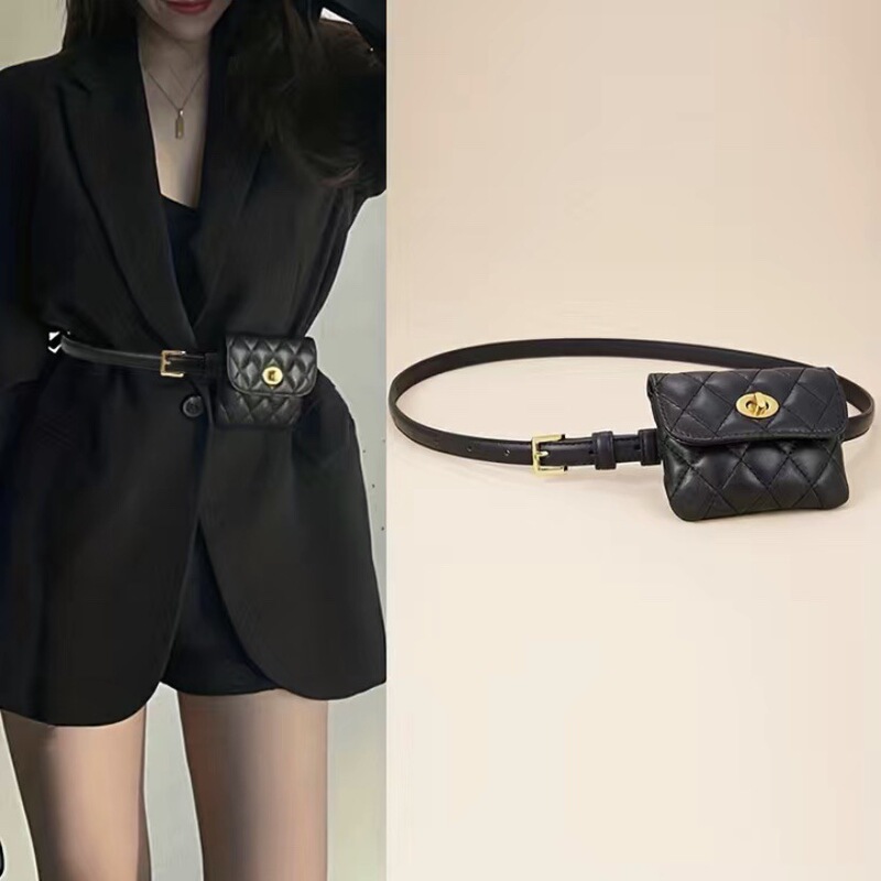 Diamond-Pattern Leather Belt Bag for Women, Versatile Lipstick Bag, Matching with Skirts, Belt Bag, Fashionable for Commuting, Stylish for Ols