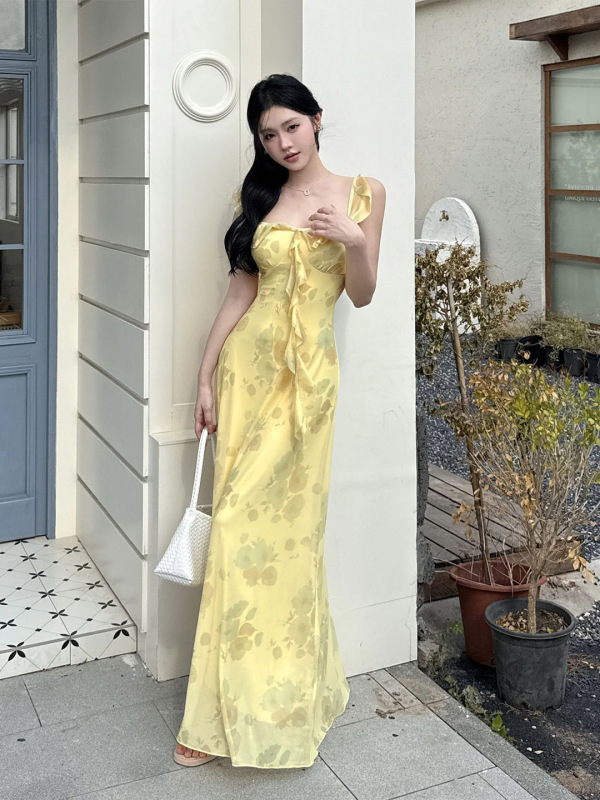 伊莉雅荷叶边印花连衣裙女 法式夏季甜美收腰气质连衣裙女JY25365|undefined
