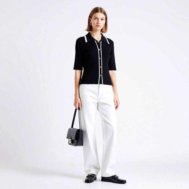 Ed Same Style Boutique Product Chanel-Style Short Knitted Cardigan for Women 2026 Summer New Color-Block Polo Collar Short-Sleeve Top Ed Same Style Boutique Product Chanel-Style Short Knitted Cardigan for Women 2026 Summer New Color-Block Polo Collar Short-Sleeve Top