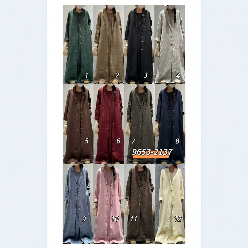 Floral Linen Loose-Fitting Vintage-Style Suit Collar Long-Sleeve Jacket + Vest Dress New Versatile Slimming Long Set