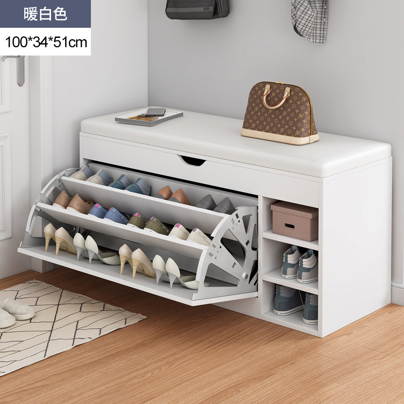 Banco para cambiar zapatos súper resistente y con gran capacidad de carga para la entrada, con tapicería suave, y zapatero abatible multifuncional para la entrada.