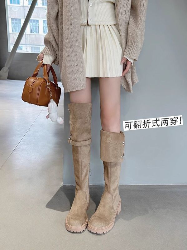 圆头粗跟瘦瘦靴不累脚侧拉链两穿单靴卡其色过膝长靴女秋新款|undefined