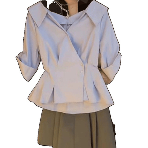Designer short-sleeved shirt with oblique button-collar for women today's fashionable high-end shirt, pleated waist and slimming top