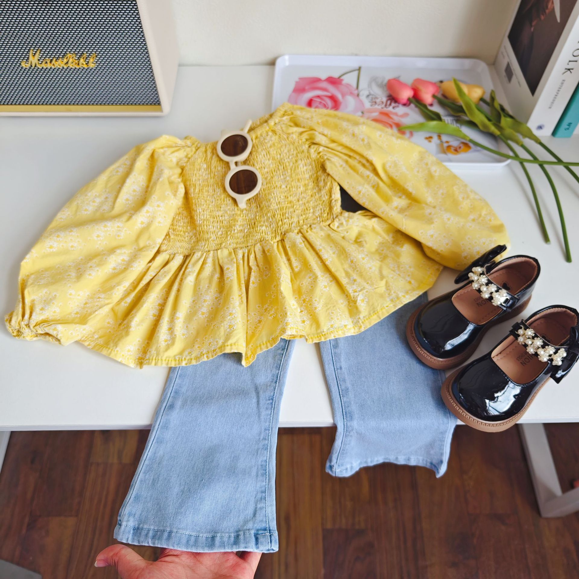Ancorelala 2026 new autumn girls elastic top and denim bell pants…
