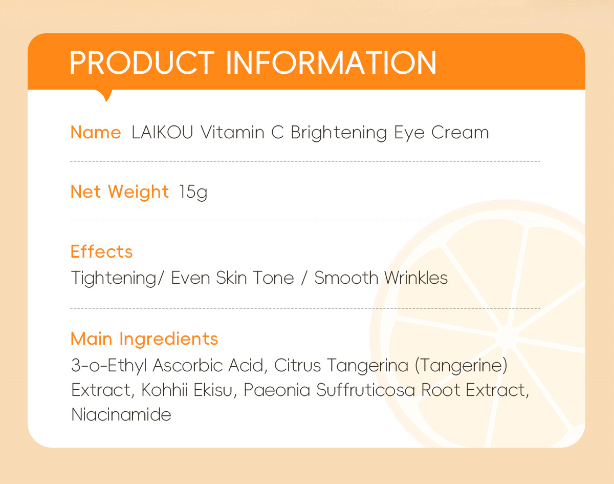 Cross-border laikou Vitamin c Eye Cream 15g hydrates, moisturizes and cares for the skin around the eyes to brighten the complexion. Factory wholesale undefined