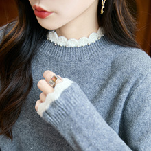 秋冬加厚半高领花边针织打底衫女套头长袖宽松显瘦上衣100%羊毛衫