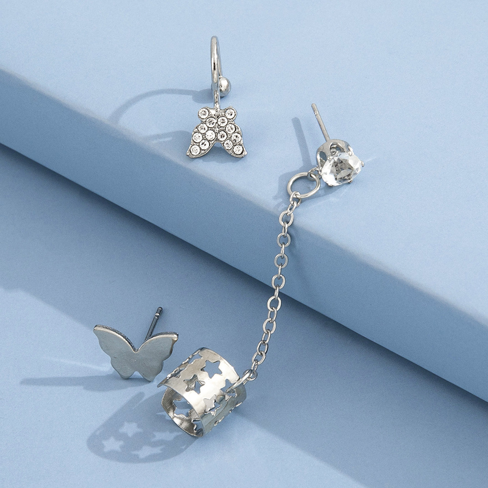 Simple Glossy Butterfly Sliver Alloy Stud Earrings Hollow Chain Ear Clip 3 Piece Set display picture 6