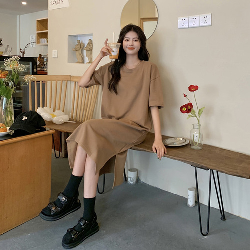 Large size short-sleeved slit dress for women in summer loose solid color mid-length over-knee slit long round neck T-shirt