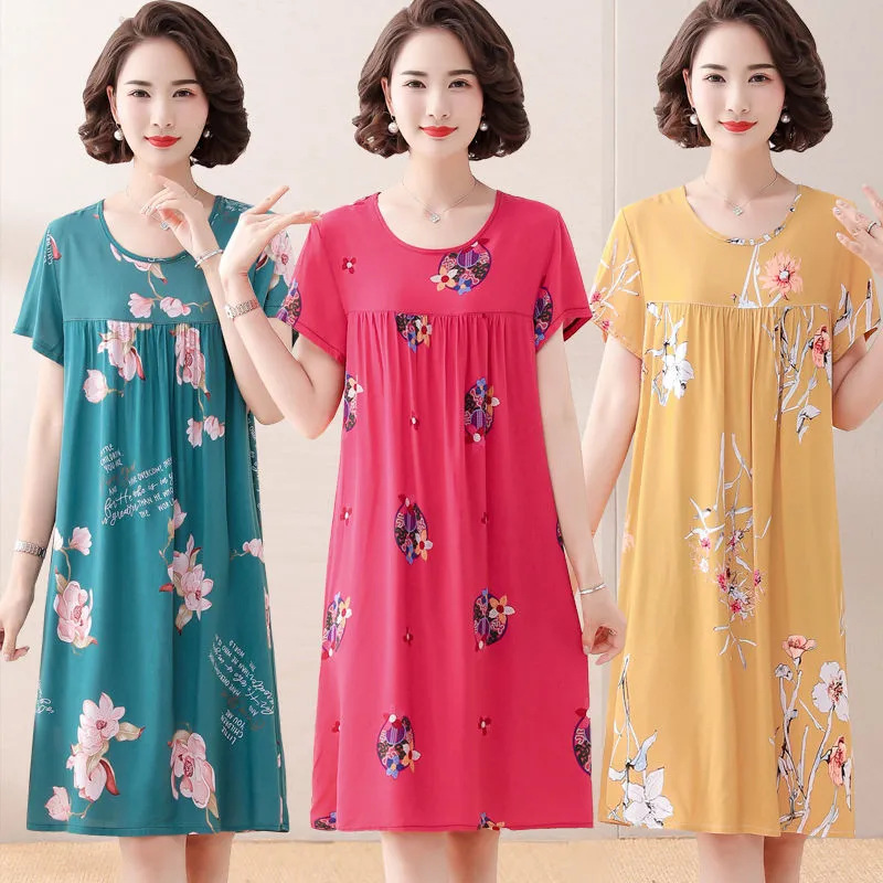 2023 new women's cotton silk printed dress short sleeve summer thin home casual cotton silk nightgown wholesale skirt