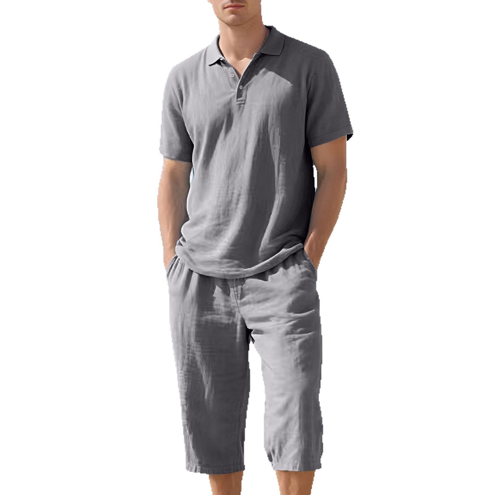 Transfronterizo Amazon Europa y América verano hombres sueltos casual lino transpirable camisa POLO traje de pantalón corto con mangas de playa