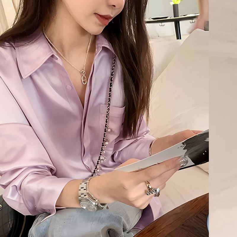 高级感气质粉色醋酸缎面衬衫女秋设计感小众外套衬衣韩系宽松上衣|undefined