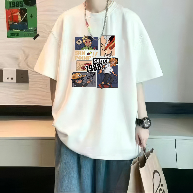 제조 업체 도매 여름 남성 라운드 넥 5부 소매 티셔츠 트렌디 한 다목적 캐주얼 루즈 만화 애니메이션 프린트 티셔츠