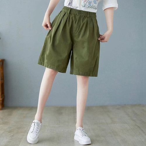 Cotton Summer Large Women's Outerwear High-Waisted Thigh-Covering Slimming Versatile Loose Five-Finger Casual Wide Leg Shorts