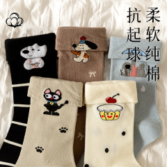 袜子女秋冬纯棉中筒袜抗菌防臭卡通女袜翻边抗起球堆堆袜诸暨袜子