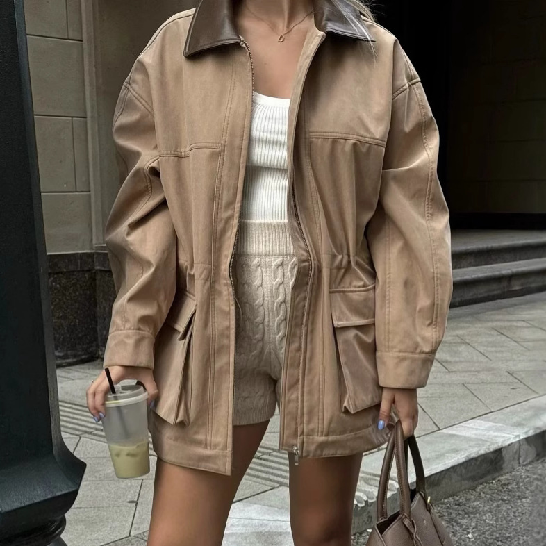 American 2025 Spring Lapel Loose Waist Workwear Coat Coat Women's Mid-length Functional Style Coat Coat
