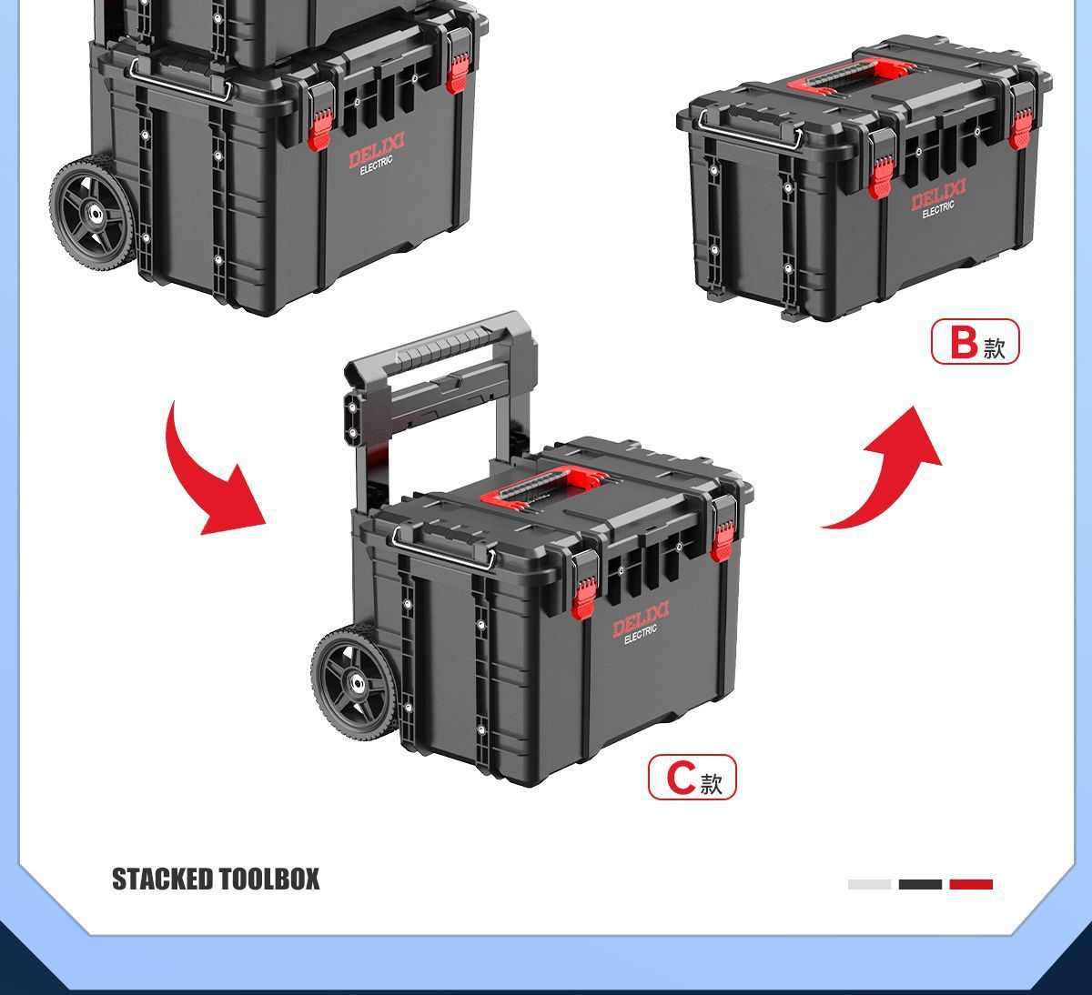 Delixi Pull-Rod Tool Box Combination Stackable Large Tool Box for Woodworking, Industrial Use, Large Capacity