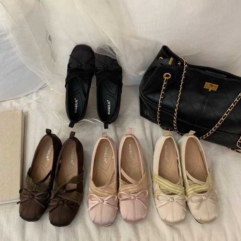 [Excluding tax] 2026 Autumn New French Round-Toe Height-Increasing Lace-Up Satin Lace Elastic Band Single Shoes