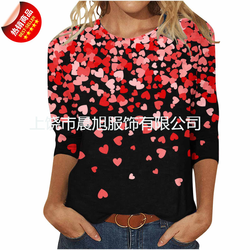 爆款跨境独立站情人节欧美七分袖女装3D爱心印花女上衣圆领七分袖