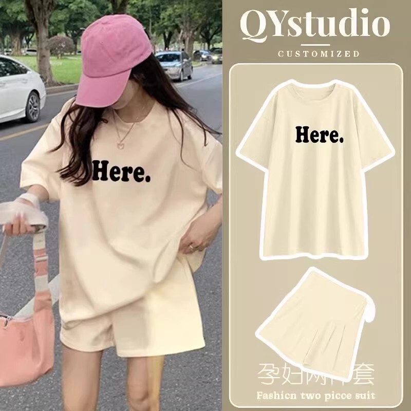 Maternity Wear American-Style Lettered Sports Suit Summer Thin Round-Neck Short-Sleeved Top T-Shirt + Casual Belly-Supporting Shorts Maternity Wear American-Style Lettered Sports Suit Summer Thin Round-Neck Short-Sleeved Top T-Shirt + Casual Belly-Supporting Shorts
