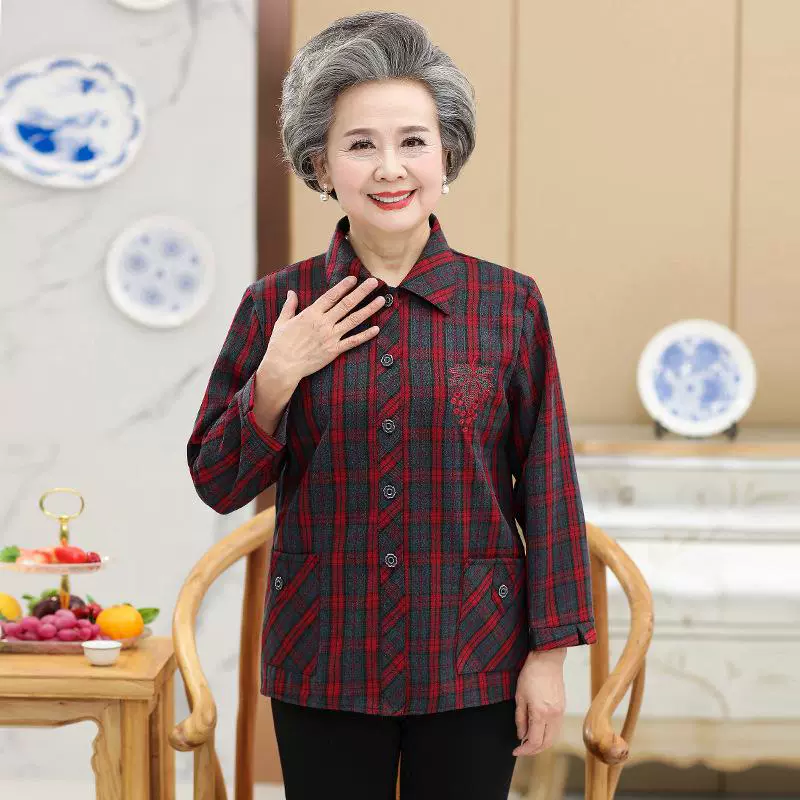 Весенне-осенняя рубашка для мамы с длинным рукавом для пожилых людей, клетчатая рубашка с лацканами для пожилых людей, кардиган, тонкое пальто, топ, одежда для бабушки