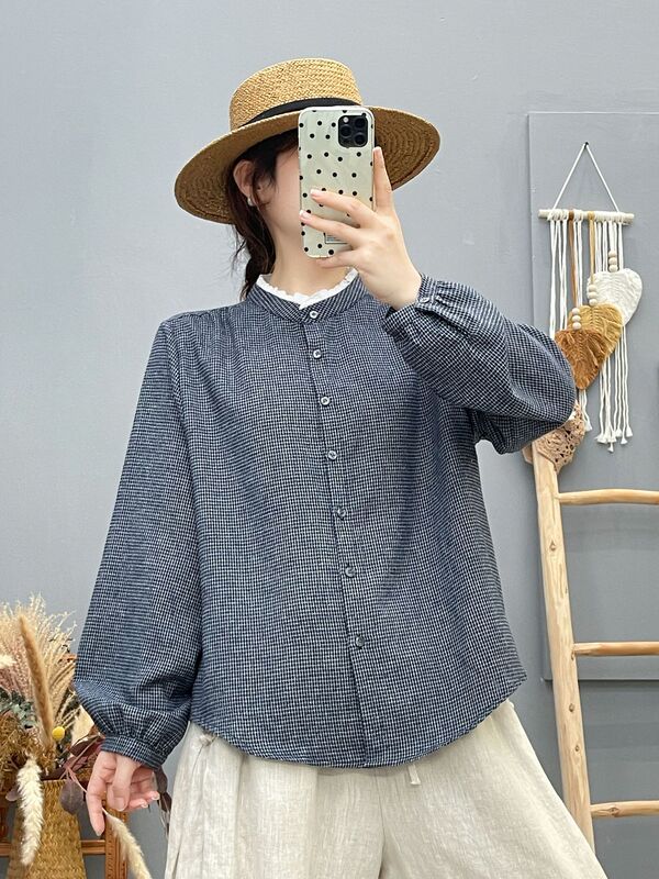 82318洋气磨毛细格花边领长袖衬衫 女2025秋装新款休闲显瘦衬衣|undefined