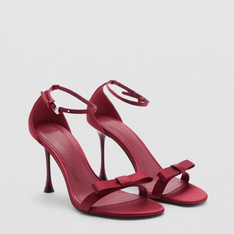 2025 New Summer Women's Shoes Bow Satin Open Toe Buckle Strap Red Sexy High Heel Sandals Women's Stiletto Heels