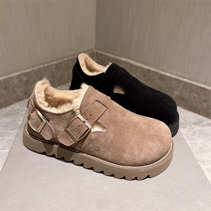2023 Autumn/winter New Korean Edition Versatile Thick Sole, Plush, and Thickened Cotton Shoes, Mesh Red Fashion Round Toe Bucken Shoes_voghion.com