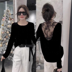 金丝绒蕾丝小衫女2025秋季新款纯色网纱蕾丝拼接宽松上衣长袖8812