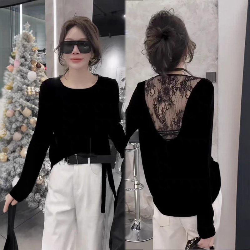 金丝绒蕾丝小衫女2025秋季新款纯色网纱蕾丝拼接宽松上衣长袖8812|undefined