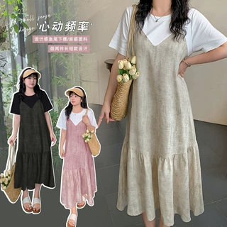 W1203夏季新品胖mm设计感连衣裙微胖假两件鱼尾女裙休闲长T裙-BFD