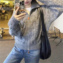 2025新款双拉链设计感开衫女装外套秋冬穿搭慵懒风高领毛衣加厚女