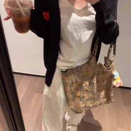 复古新款格纹橙色格子大容量时尚包高腋下颜值通勤托特单肩