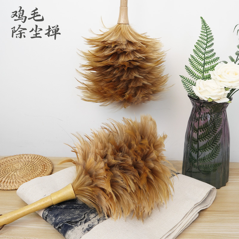 Handmade beechwood handle feather duster, traditional household dusting brush for cleaning, suitable for use in cars to remove dust