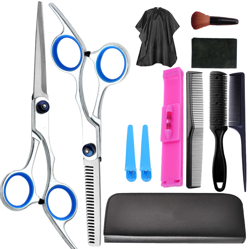Un conjunto completo de tijeras de corte de pelo al por mayor, tijeras de dientes delgadas profesionales, tijeras planas de reparación de cabello, tijeras para el hogar, fabricantes de herramientas de tijeras para el cabello