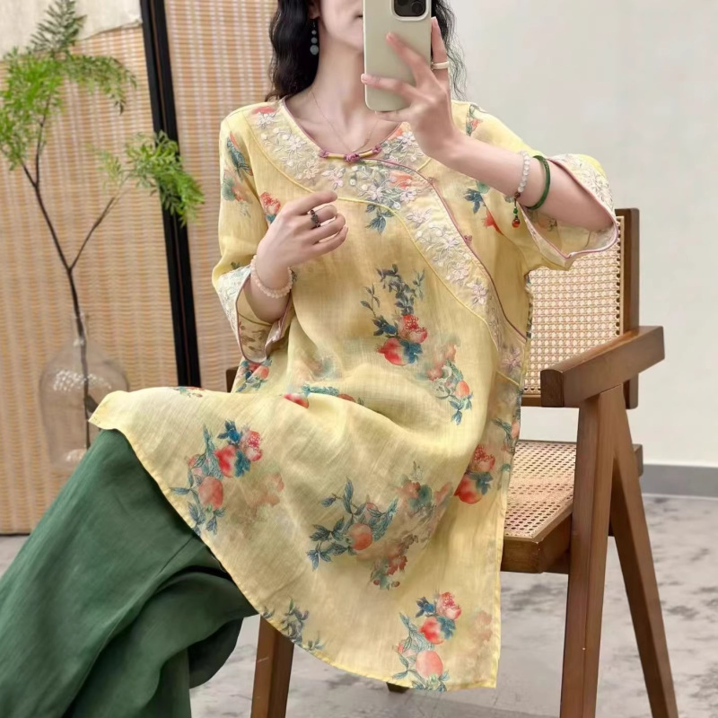 2026 Summer Ramie Printed Embroidered Round Neck Buttoned Mid-Length Half-Sleeve Shirt Versatile Chinese Style Top for Women 2608 2026 Summer Ramie Printed Embroidered Round Neck Buttoned Mid-Length Half-Sleeve Shirt Versatile Chinese Style Top for Women 2608
